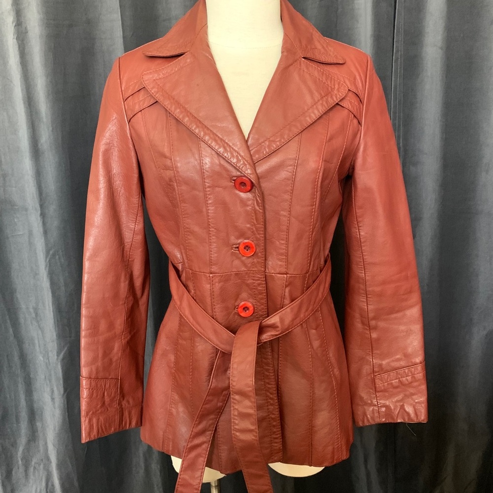 Vtg 70s brick red belted longline leather jacket